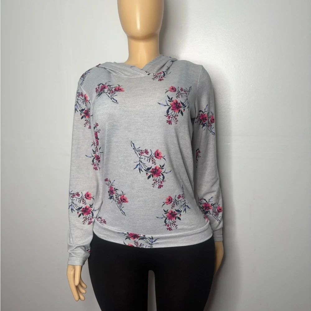 Floral Hooded Women's Top - Gray and Pink